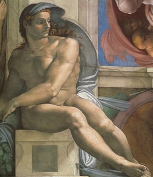 Ceiling of the Sistine Chapel: Ignudi, next to Separation of Land and the Persian Sybil [left]