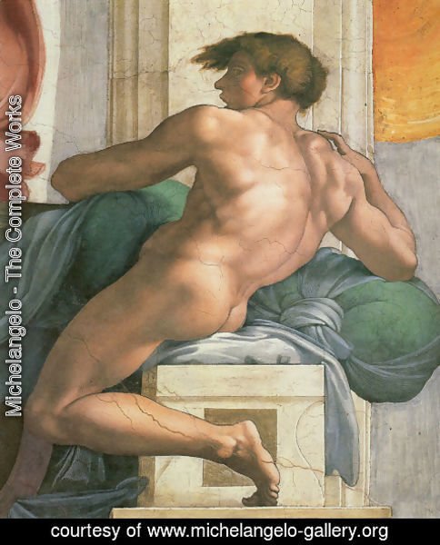 Michelangelo - Ceiling of the Sistine Chapel: Ignudi, next to Separation of Land and the Persian Sybil [right]
