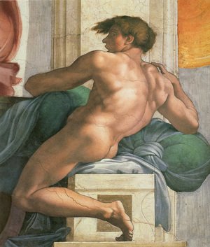 Michelangelo - Ceiling of the Sistine Chapel: Ignudi, next to Separation of Land and the Persian Sybil [right]