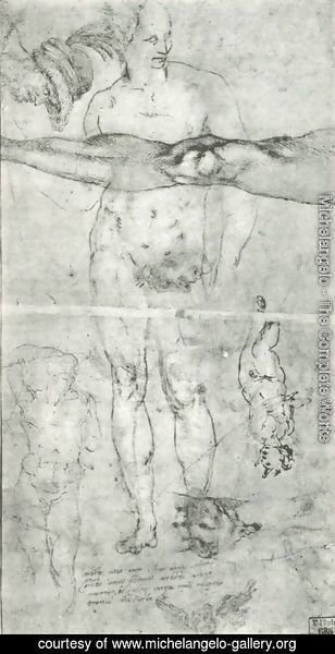 Michelangelo - Various studies including a tracing from the other side of the sheet
