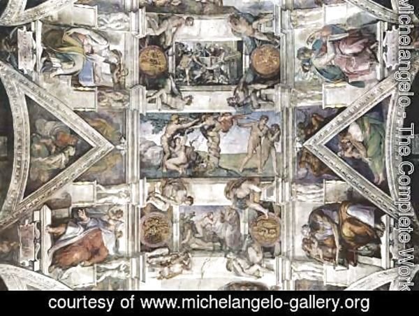 Michelangelo - Ceiling fresco for the story of creation in the Sistine Chapel, detail of the general view