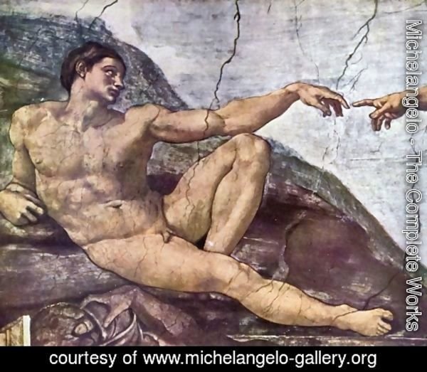 Michelangelo - Ceiling fresco for the story of creation in the Sistine Chapel, the main scene, the Creator God created Adam, Adam Detail
