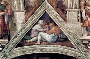 Michelangelo - Ceiling fresco for the story of creation in the Sistine Chapel, Ancestors of Christ scene in Bezel