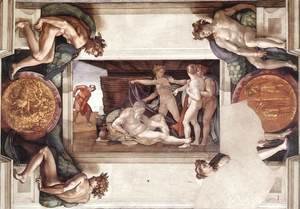 Michelangelo - Drunkenness of Noah (with ignudi and medallions) 1509