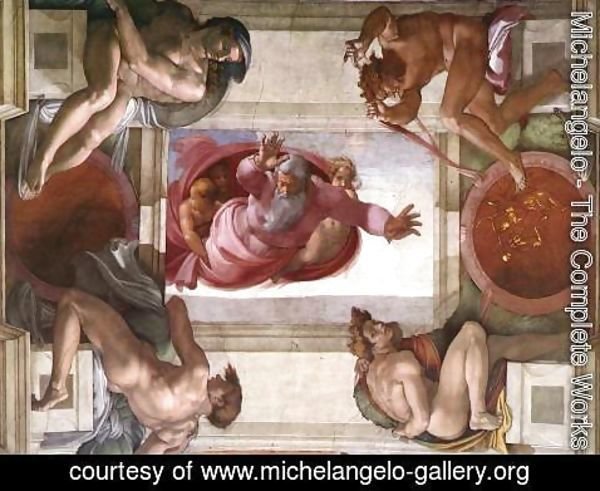 Michelangelo - Separation of the Earth from the Waters (with ignudi and med Caallions) 1511