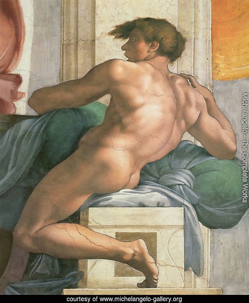 Ceiling of the Sistine Chapel: Ignudi, next to Separation of Land and the Persian Sybil [right]