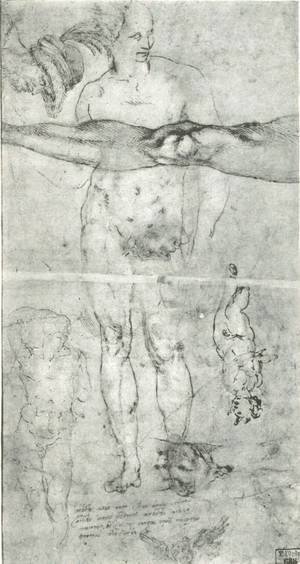 Michelangelo - Various studies including a tracing from the other side of the sheet