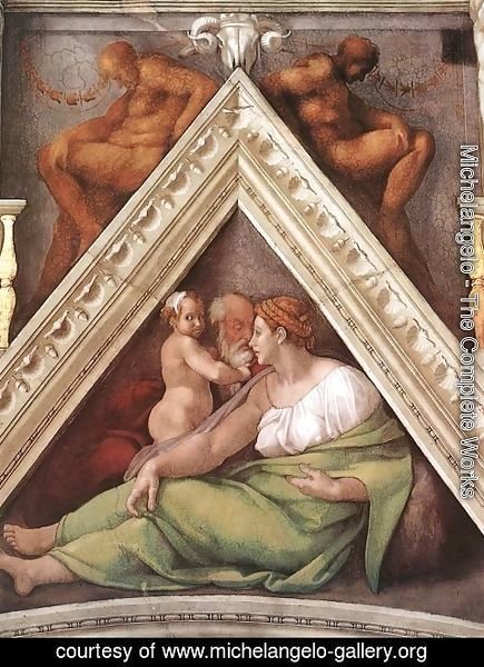 Michelangelo - Ancestors of Christ - Hezekiah as a child with father Ahaz and his mother