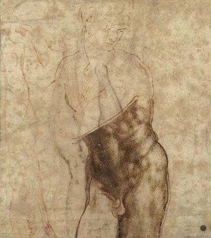 Michelangelo - The Risen Christ a three-quarter length nude , looking down to the right, drawn over subsidiary
