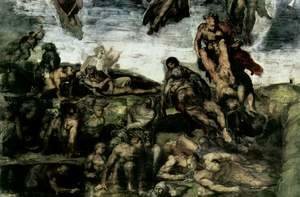 The Last Judgement fresco on the altar wall of the Sistine chapel, detail resurrection of the dead from their graves