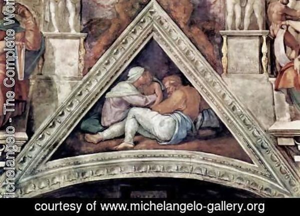 Michelangelo - Ceiling fresco for the story of creation in the Sistine Chapel, Ancestors of Christ scene in Bezel