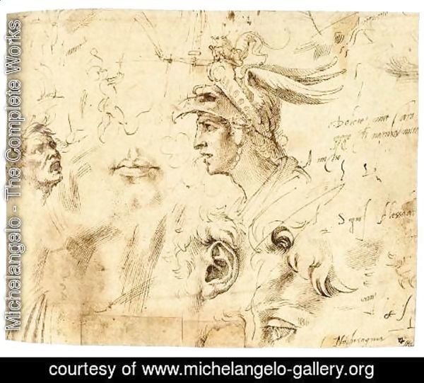 Michelangelo - Helmeted Head of a Youth, and Other Studies (recto)