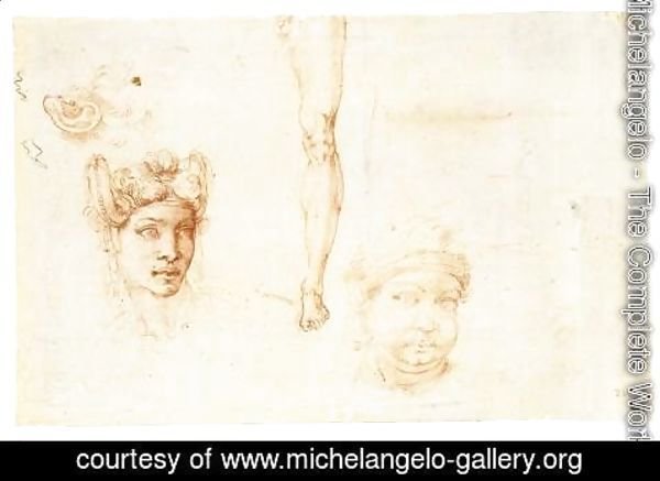 Michelangelo - Studies of Heads, an Ear, and a Leg (verso)